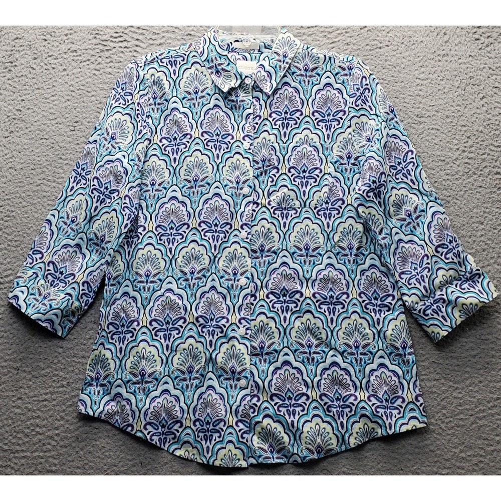Chico's Short Body Shirt Women S Multi 3/4 Sleeve No Iron Linen Scallops SB01-18